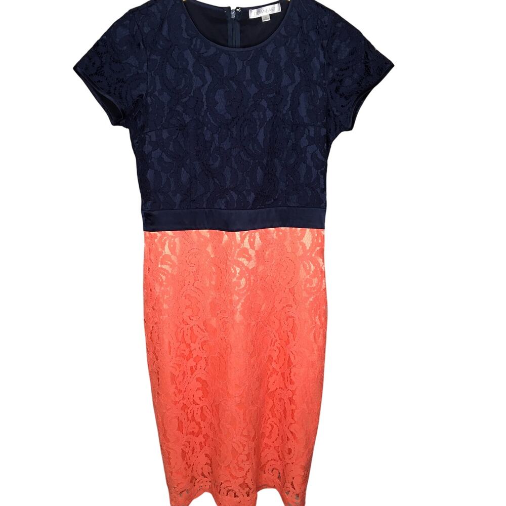 Downeast Women's Size S Dress Sheath Lace Short Sleeve Color Block Navy Coral